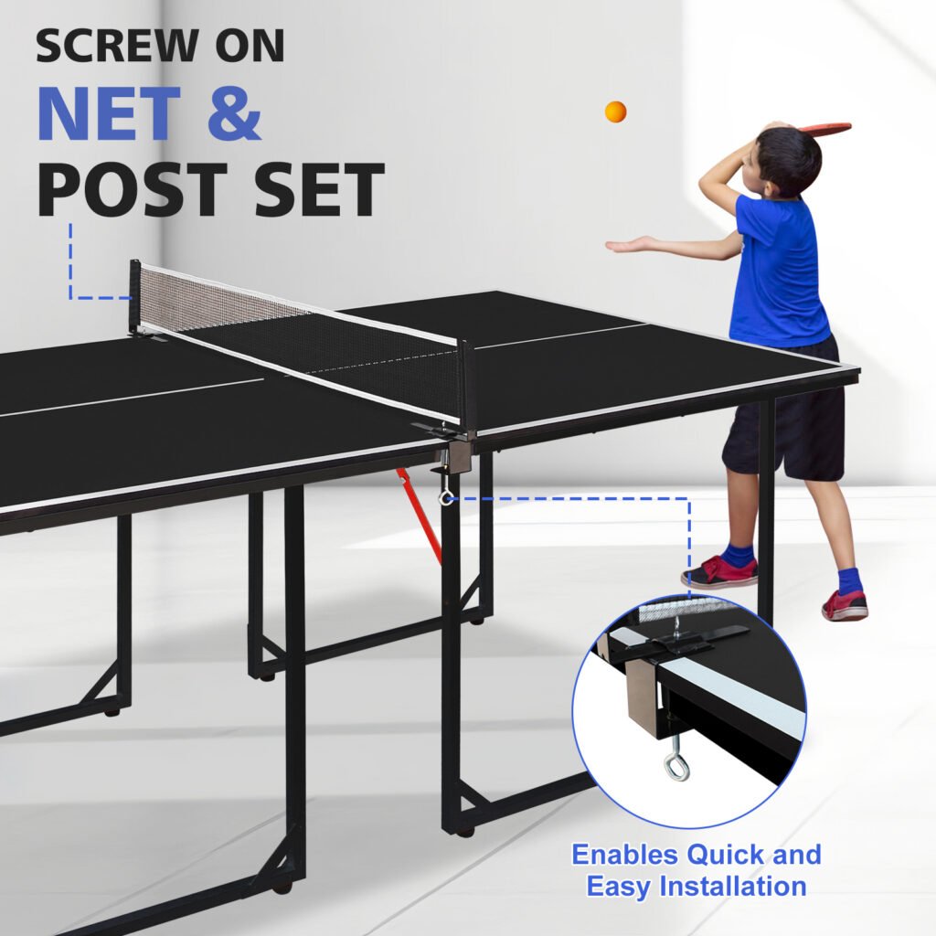 Mesa de Ténis 6ft Dobrável – Portátil, Indoor/Outdoor, com Rede, Raquetes e Bolas (Tampo Preto)