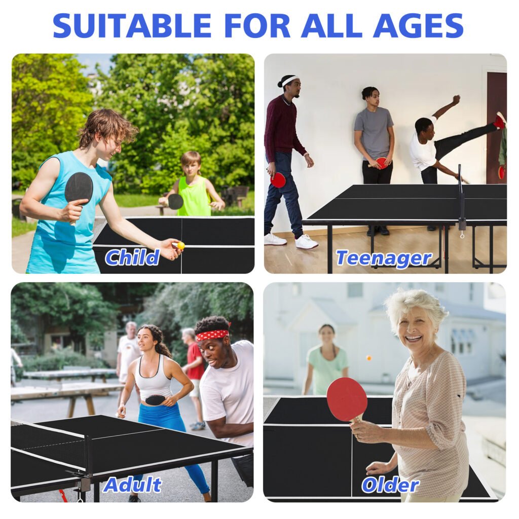 Mesa de Ténis 6ft Dobrável – Portátil, Indoor/Outdoor, com Rede, Raquetes e Bolas (Tampo Preto)