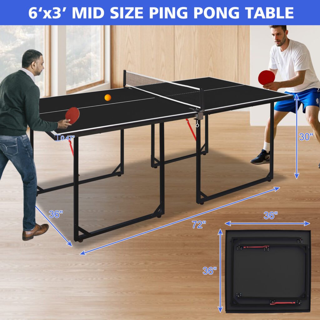 Mesa de Ténis 6ft Dobrável – Portátil, Indoor/Outdoor, com Rede, Raquetes e Bolas (Tampo Preto)