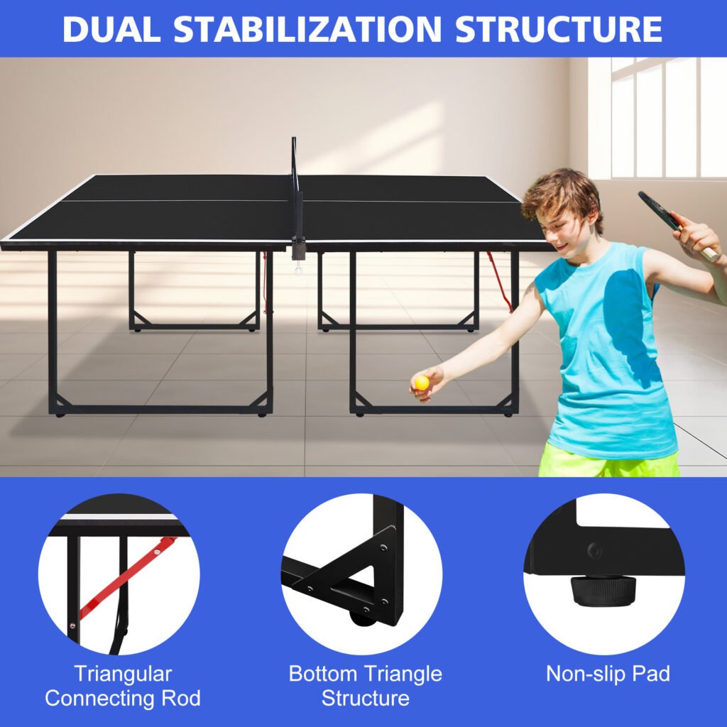 Mesa de Ténis 6ft Dobrável – Portátil, Indoor/Outdoor, com Rede, Raquetes e Bolas (Tampo Preto)