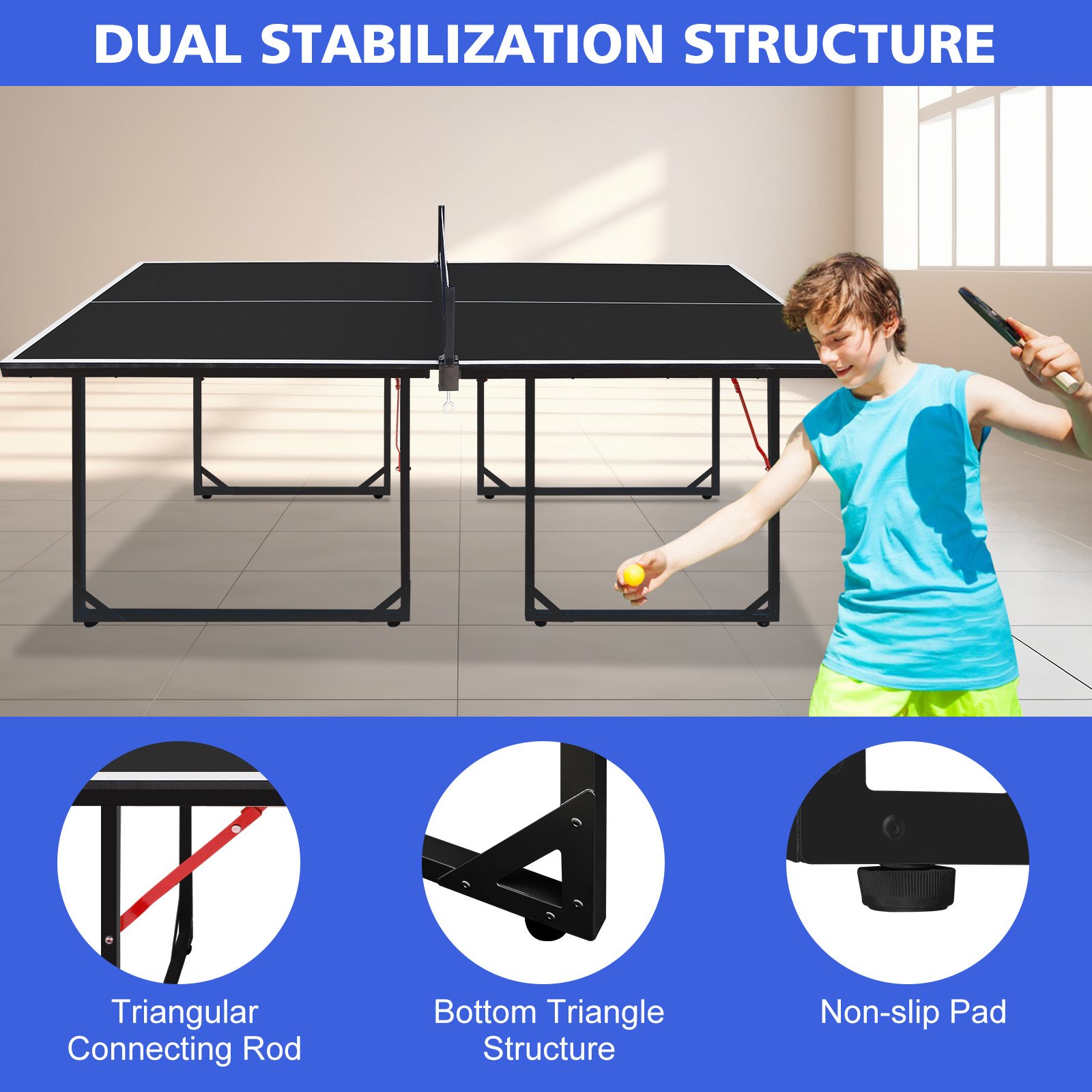 Mesa de Ténis 6ft Dobrável – Portátil, Indoor/Outdoor, com Rede, Raquetes e Bolas (Tampo Preto) - Image 4