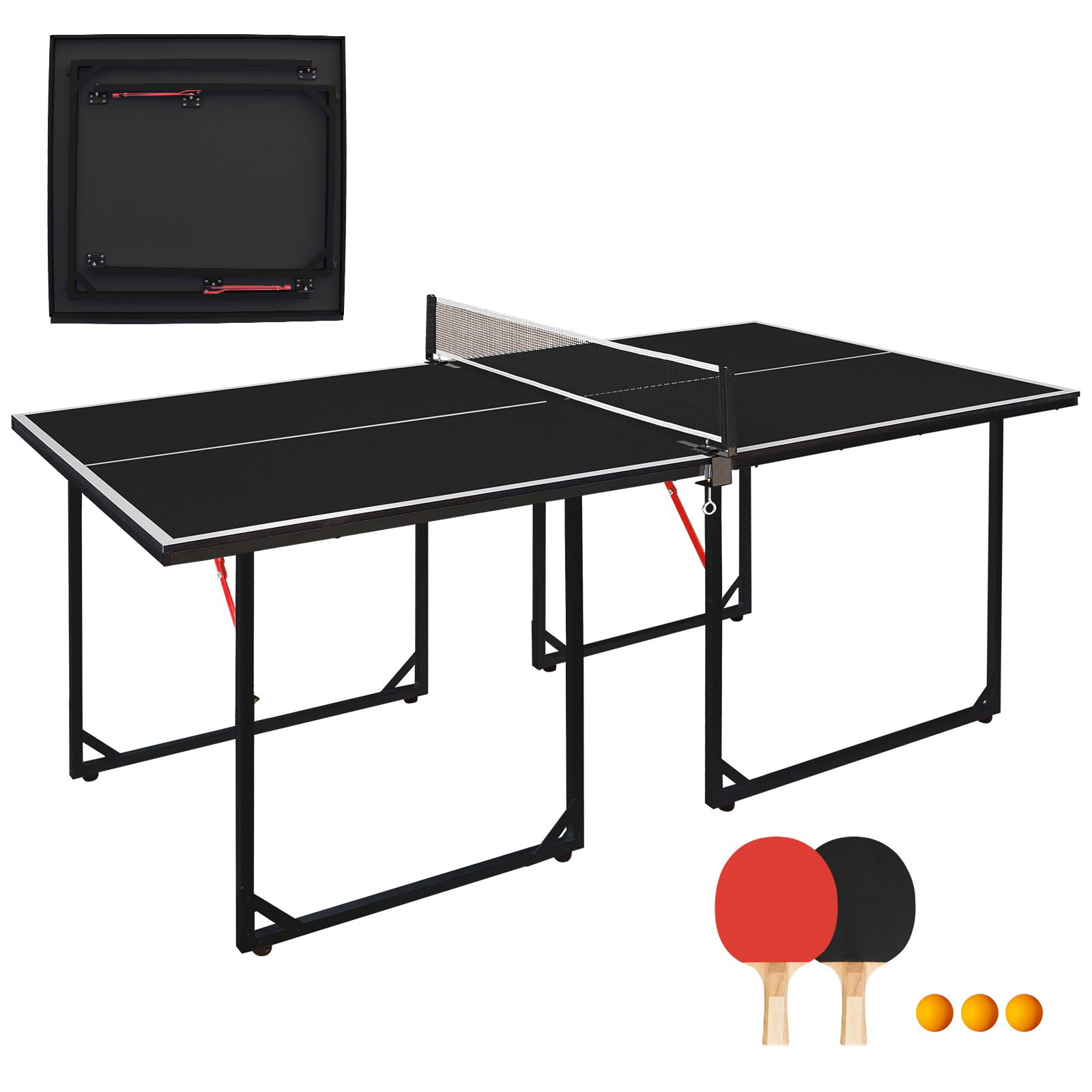 Mesa de Ténis 6ft Dobrável – Portátil, Indoor/Outdoor, com Rede, Raquetes e Bolas (Tampo Preto) - Image 8