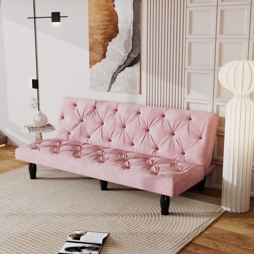 Velvet Pink Sofa Bed — Transformação Rápida de Sofá para Cama, Ideal para Salas, Apartamentos e Quartos