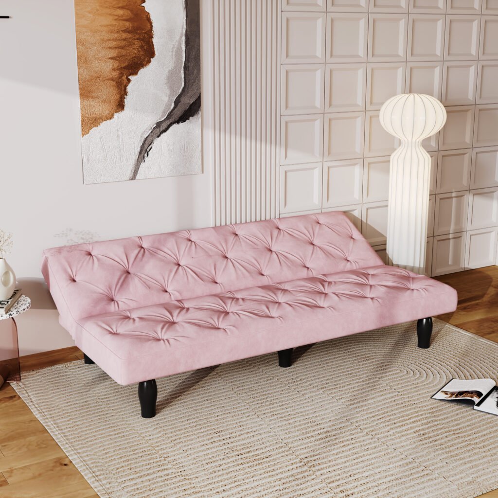 Velvet Pink Sofa Bed — Transformação Rápida de Sofá para Cama, Ideal para Salas, Apartamentos e Quartos