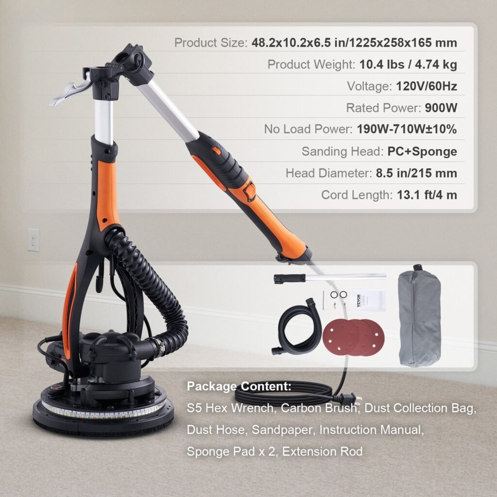 Lixadora de Drywall 900W – Motor Brushless, Velocidade Variável 800–1800 RPM, Sistema de Auto-Sucção