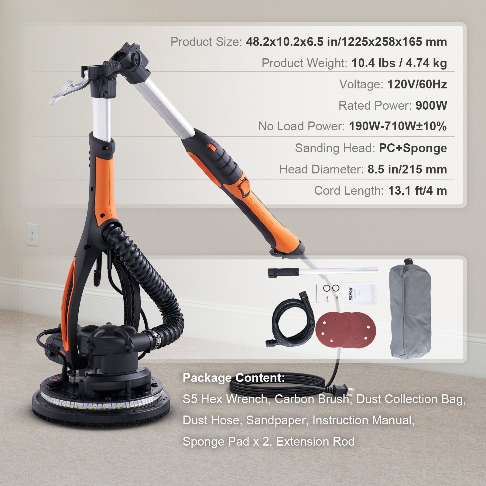 Lixadora de Drywall 900W – Motor Brushless, Velocidade Variável 800–1800 RPM, Sistema de Auto-Sucção - Image 4