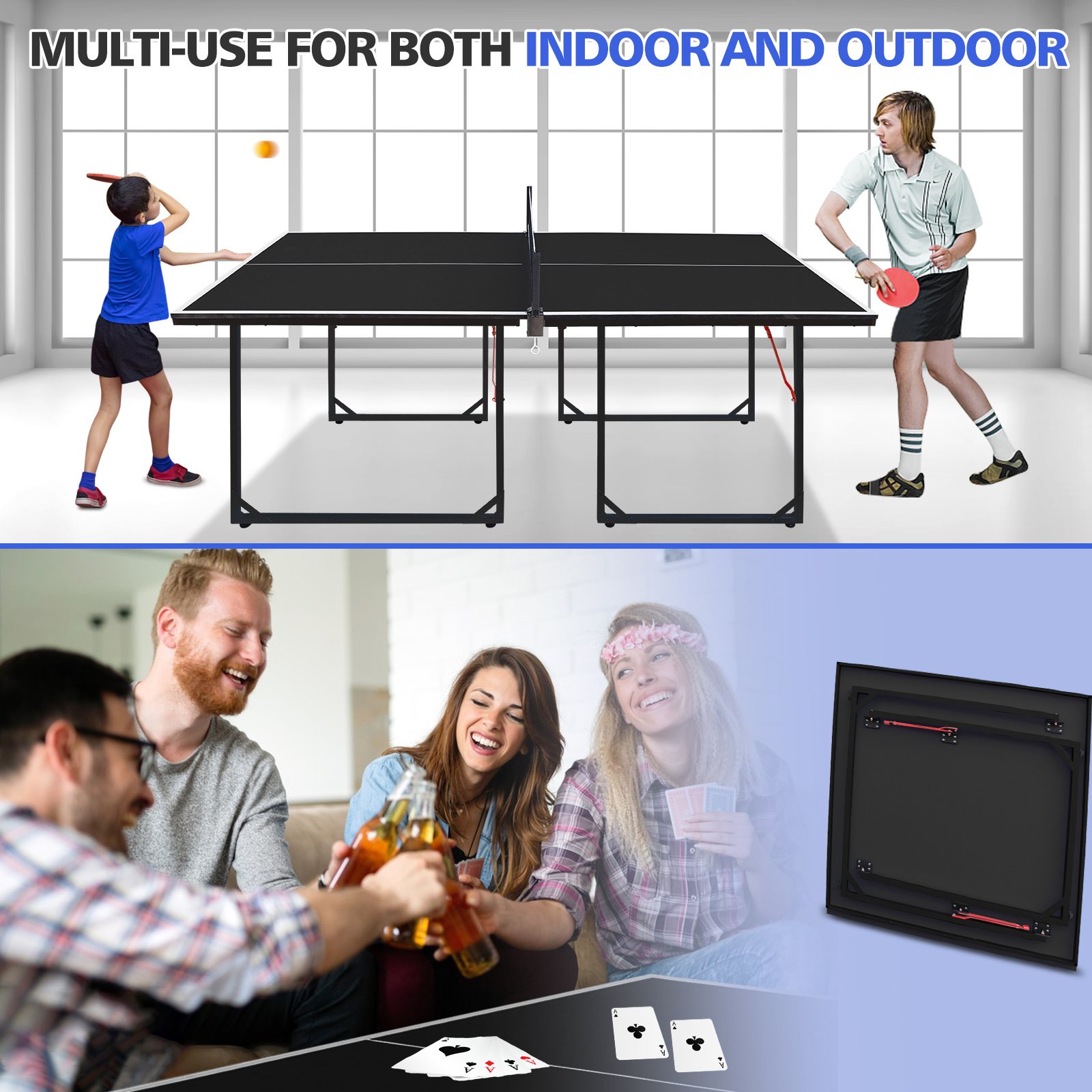 Mesa de Ténis 6ft Dobrável – Portátil, Indoor/Outdoor, com Rede, Raquetes e Bolas (Tampo Preto) - Image 6